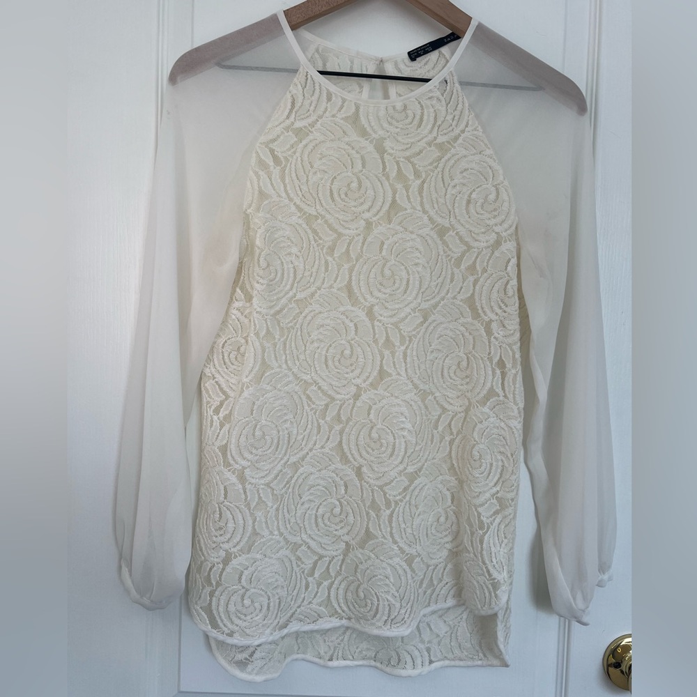 Zara Basic Lace Ivory Elegant Blouse | M